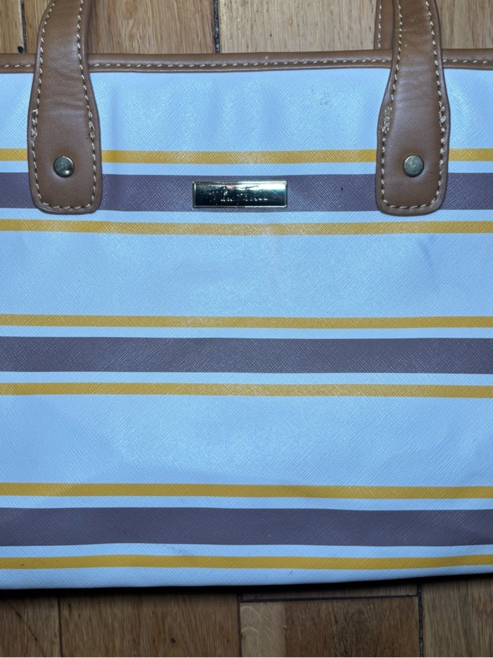 Marc Fisher Striped Tote Shoulder Bag Brown Yellow Tan Summer Purse - Picture 2 of 4